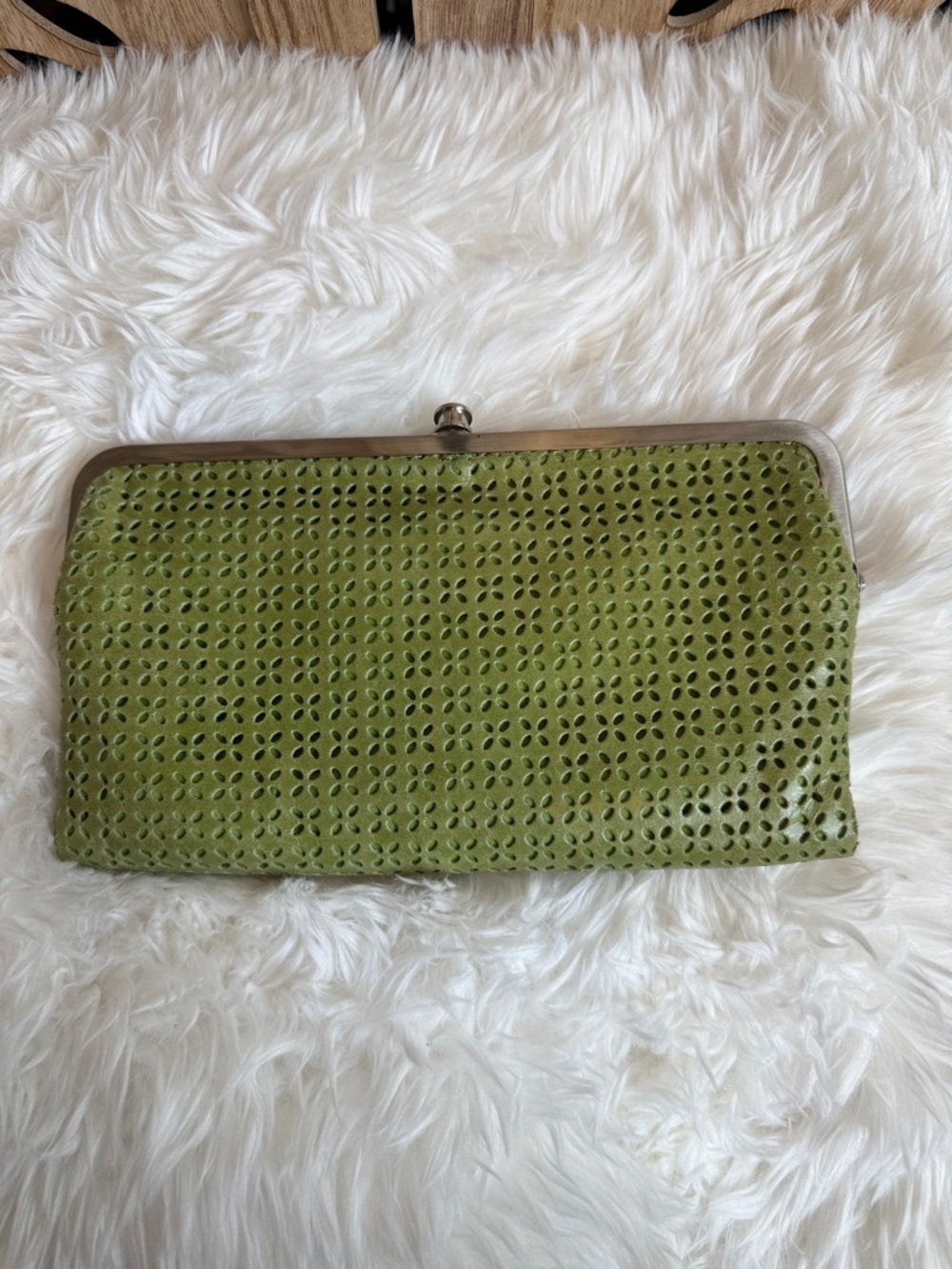 HOBO Olive Green Perforated Frame Clutch/Wallet